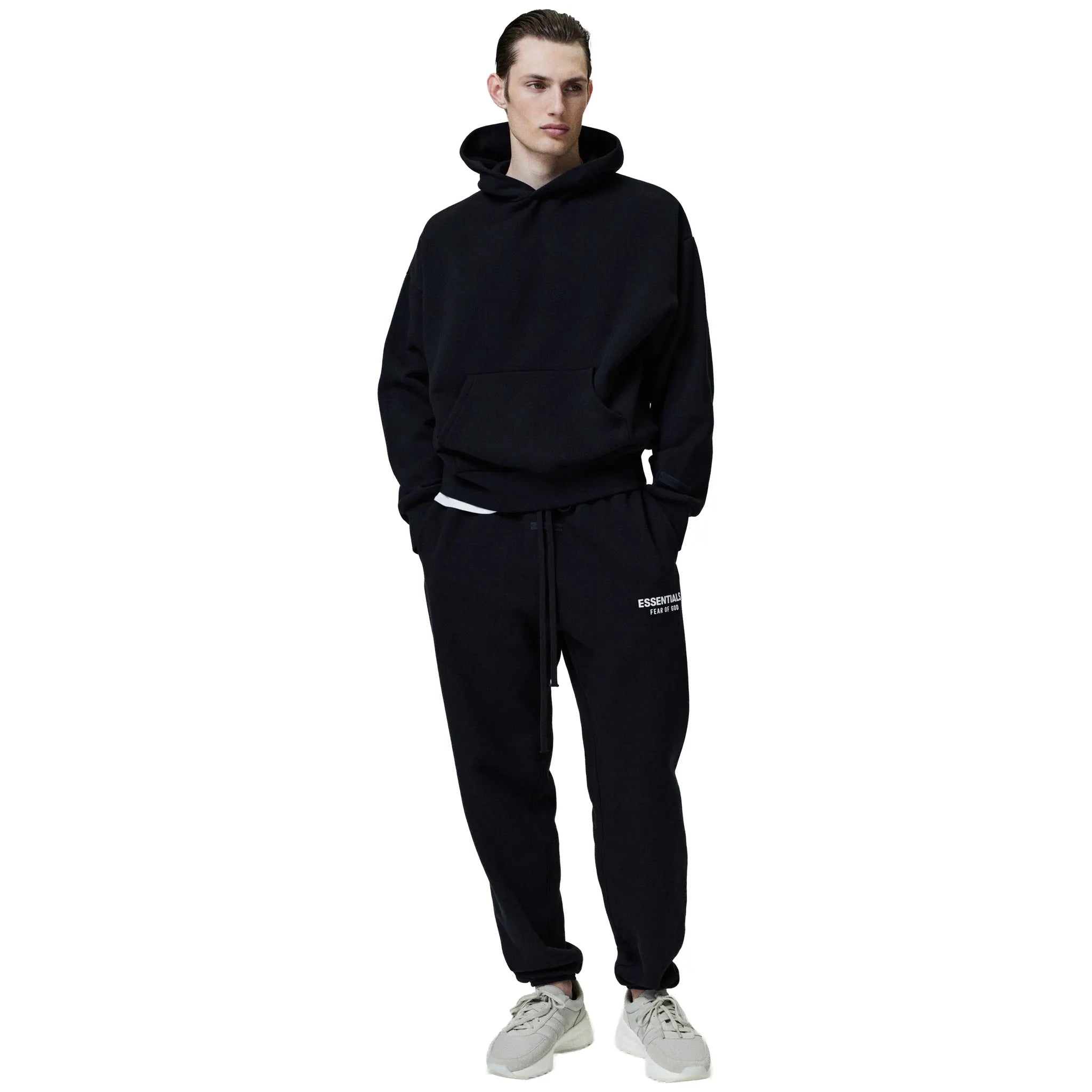 Model View of Fear Of God Essentials Classic Jet Black Sweatpants 130AS252020